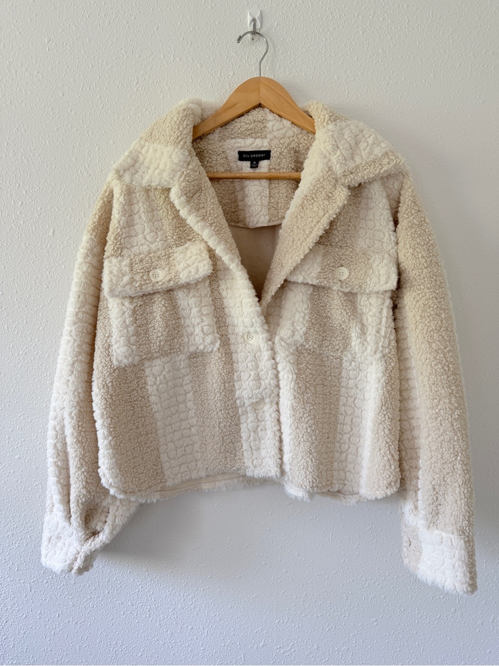 Blu Pepper Checkered Teddy Sherpa Jacket Size M Ivory Cozy Girl Cabincore